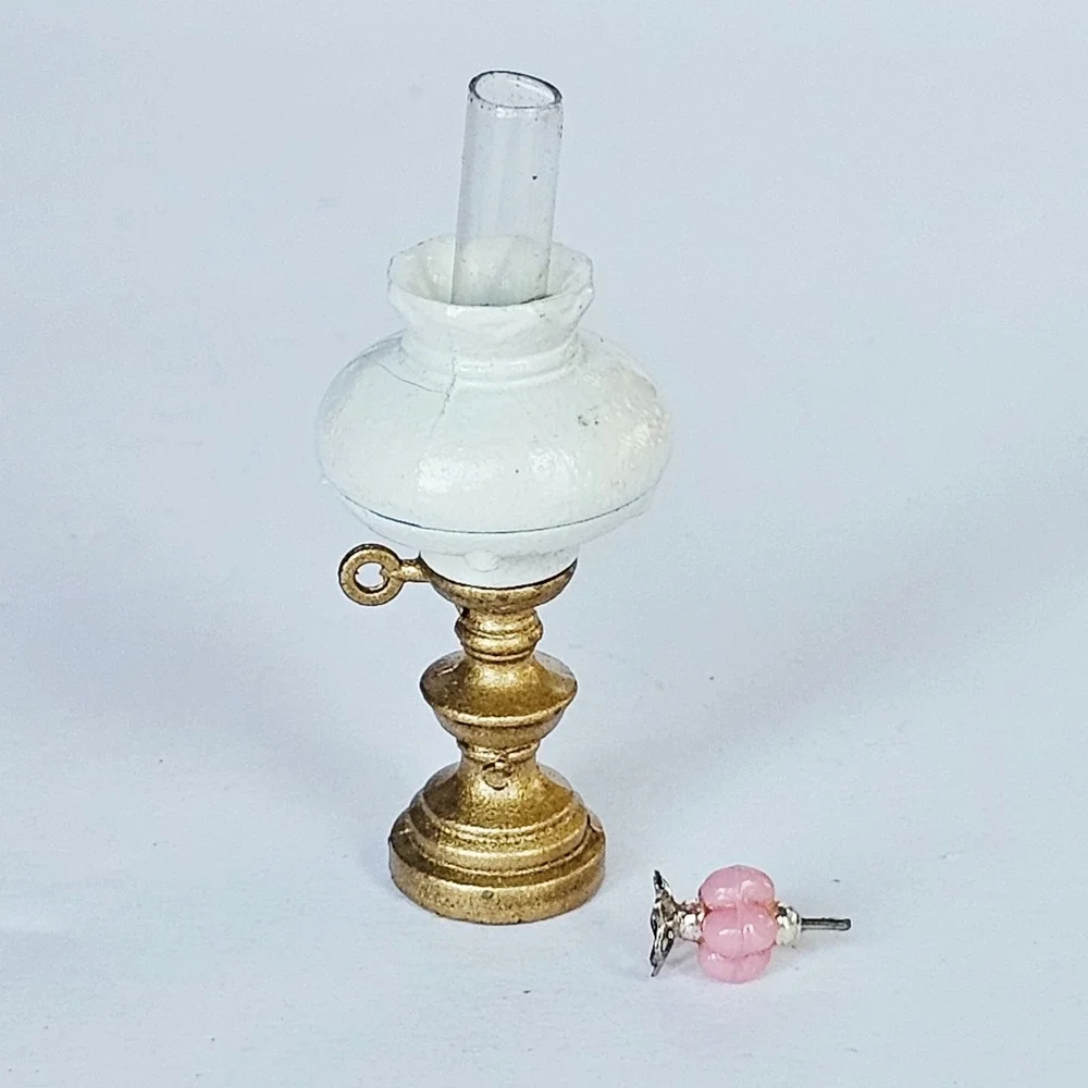 Vtg Dollhouse Brass Victorian Mini Oil Lamp Hurricane Gold White Shabby Chic